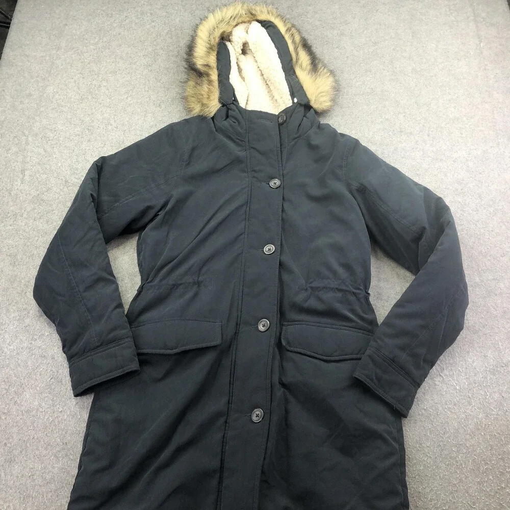 Abercrombie & Fitch Coat Womens Small Black Hooded Parka Fur Trim Sherpa Lined